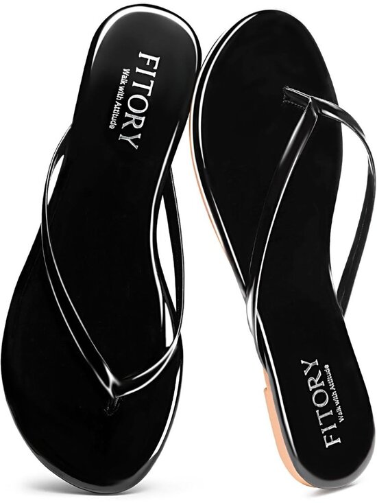 Shoes - Women’s Glossy Black Summer Comfortable Flip Flops Thong Walking Slide Flats